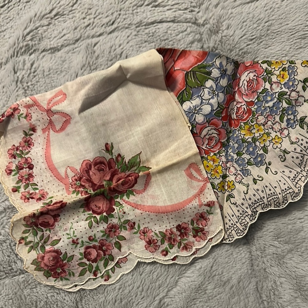 Vintage Floral Handkerchiefs with Pink and Blue Flowers